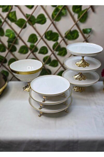 SEÇKİNEV Elif 7 Parça Gold Detaylı Metal Döküm Ayaklı Porselen Sunum Tabağı Set