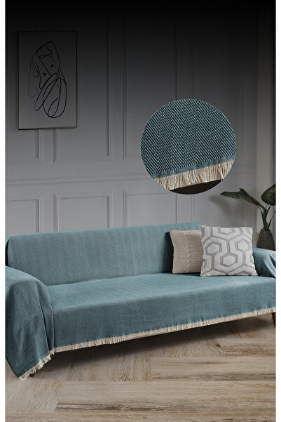LADYNİL Fringed Sofa Cover 100% Cotton |   Armchair Shawl 180X300 cm Petrol Blue