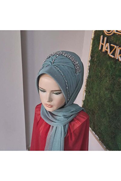 semahazırduvak Mint Yeşili Simli Gri Taş Aksesuarl detaylı hazır türban hazır...