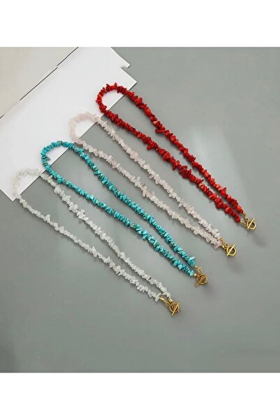 Taşmir PembeKuvarsDoğal Asimetrik Kırık Taş Kolye Altın Kaplama T Klips