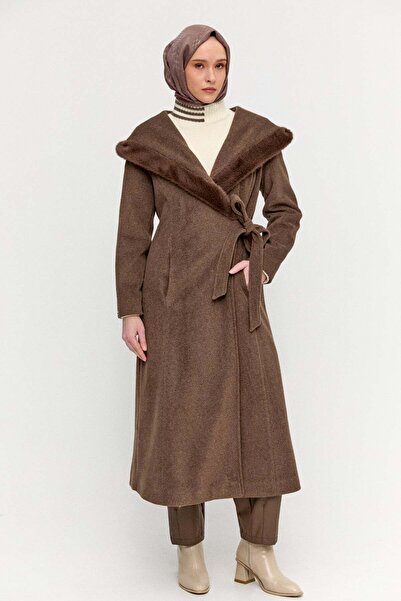 Setrms Suni Kürk Kapüşonlu Kuşaklı Kaban