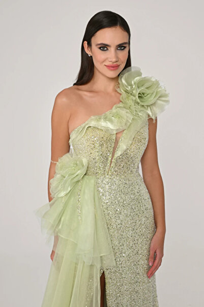 ALFABETA KADIN ABİYE PAYETLİ TEK KOL 3 BOYUTLU ÇİÇEK DETAYLI DERİN YIRTMAÇLI ...