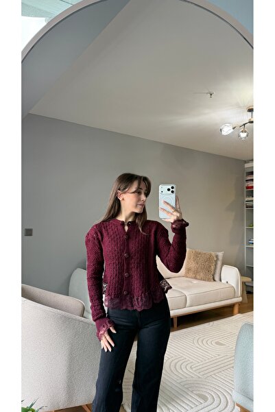 STİLPİX Kadın Örgülü Bordo Kırmızı Dantelli Triko Hırka