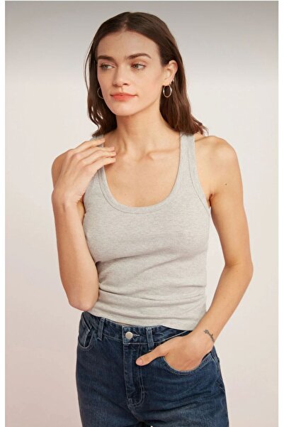 QUKA Lıllesol Kadın Fitilli Görünümlü Kalın Askılı Basic Gri Atlet