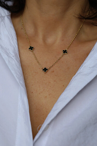 Yenigün Kuyumculuk 14 Ayar Altın Onix Taşlı (Siyah) Üçlü Yonca Kolye