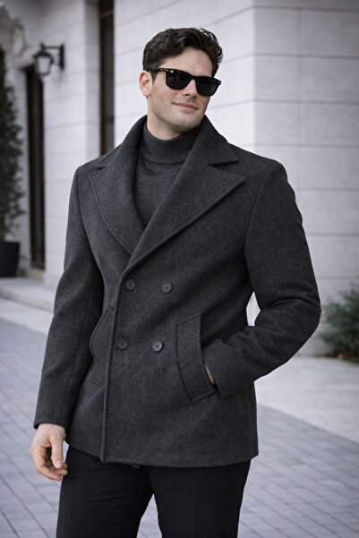 BASEL.CO Men's Casual Double-Breasted Midi Length Cashmere Coat - Modern Cut
