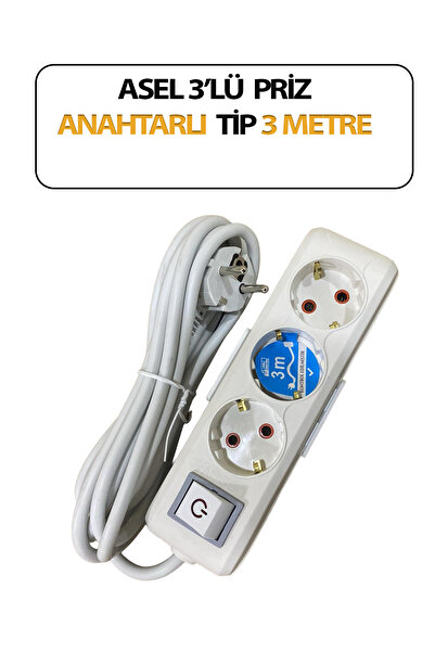 Asel Üçlü, Anahtarlı Model, Topraklı, Klemensli, Kablo 3 Metre Uzunluğunda, A...