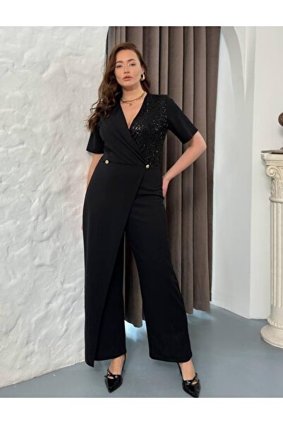 Şirin Butik Kadın Büyük Beden Siyah Kruvaze Yaka Düğme Detaylı Kısa Kol Abiye...