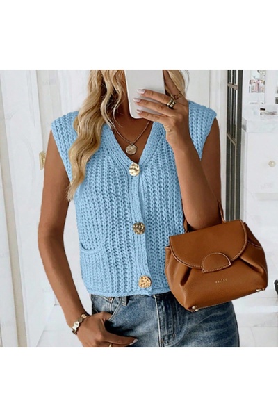WE AND ME Women's V-Neck Buttoned Pocket Knitwear Vest