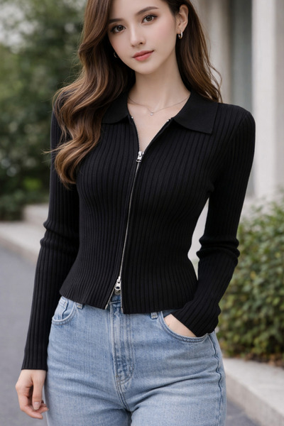 MOONBULL Women's Double Zipper Polo Neck Corded Fabric Cardigan