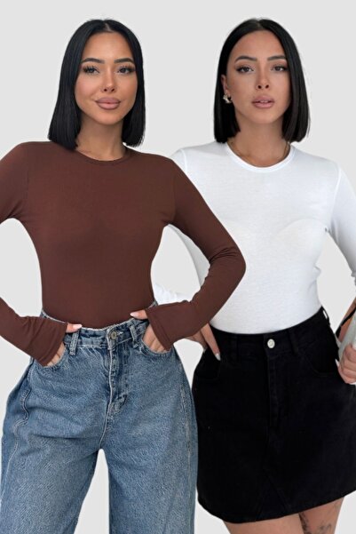 Lunamiratto Women's 2-Piece Long Sleeve Bodysuit White, Bitter Brown Crew Nec...