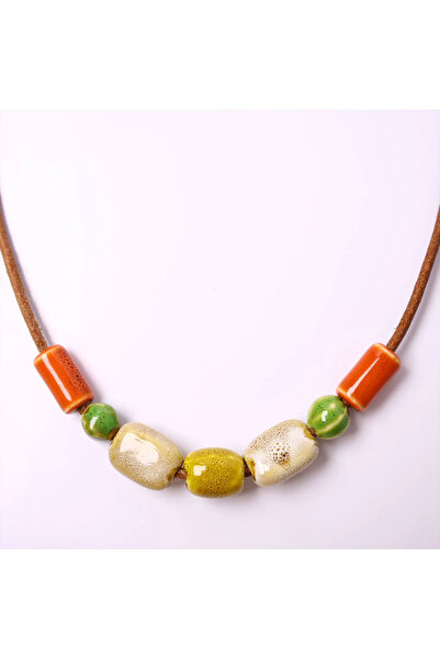B Design jewelry Serry Ceramic Bead Leather Necklace (Orange)