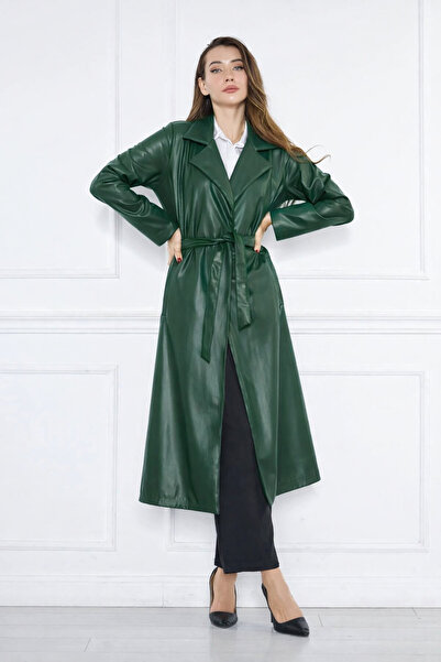 comstar Women's Trendy Belted Long Emerald Leather Coat with Pockets