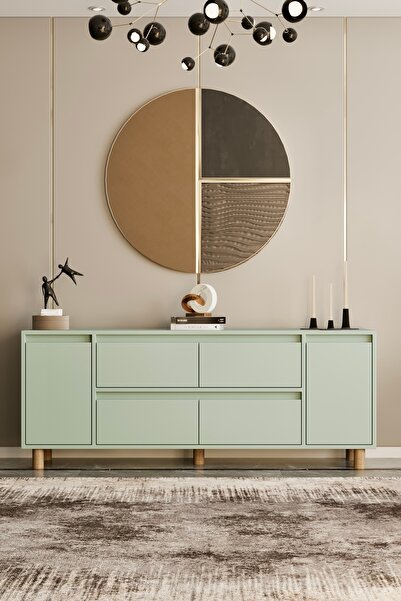 moldesan Mila Mint Yeşili MDF 200 cm raflı kapaklı konsol