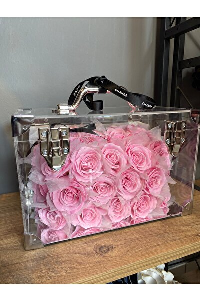 ciceksanat İthal Akrilik Şeffaf Sandık Kutuda Solmayan Pembe Gül Aranjmanı | ...