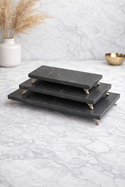 Marbello Lüks 3'lü Siyah Mermer Sunum Tepsisi Seti - Gümüş Ayaklı Dikdörtgen ...