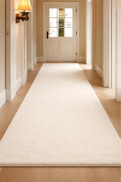 BESELY Krem Kaymaz Taban Özel Ölçü Peluş Yıkanabilir Yumuşak Tüylü Halı Yollu...