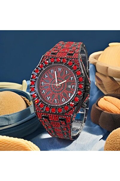 Generic OrientC Luxury Black Metal Watch with Red Crystals