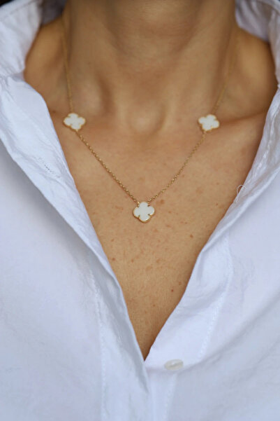 Yenigün Kuyumculuk 14 Ayar Altın Taşlı (Beyaz) Üçlü Yonca Kolye