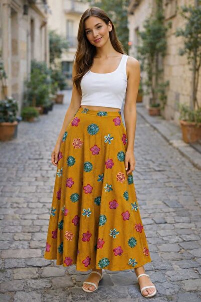 YEK&BİR TESETÜR BELİ LASTIKLİ ÇİÇEK DESENLİ MEVLANA ETEK