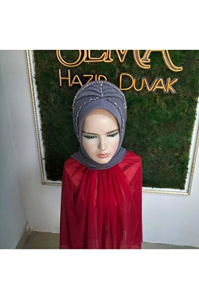 semahazırduvak Koyu Gri Simli Taşlı Aksesuarlı Model hazır türban hazır şal a...