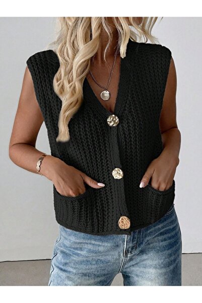WE AND ME Women's V-Neck Buttoned Pocket Knitwear Vest