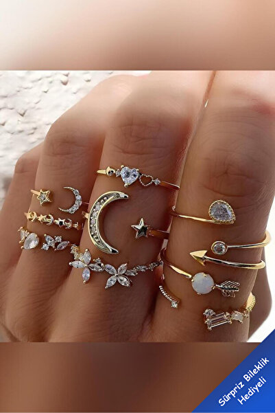 The Collection 9'lu Taşlı Kombin Ay yıldız kelebek ok kalp Tasarım Yüzük Set