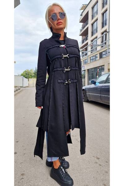 Butik Ayseba معطف نسائي من الدنيم الأسود بأكمام طويلة