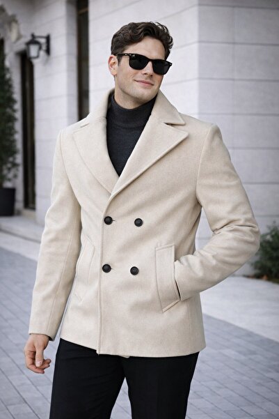 BASEL.CO Men's Casual Double-Breasted Midi Length Cashmere Coat - Modern Cut