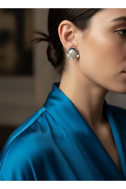 Elmosia Jewelry Pearl Detailed Silver Non-Tarnish Steel Modern Design Women's Earrings