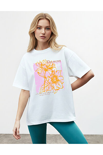 caddekombin Flori portocalii pentru femei cu imprimeu Design special Alb tricou