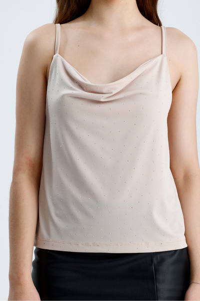 schlank Women's Stone Detailed Rope Strap Collarless Cream Blouse