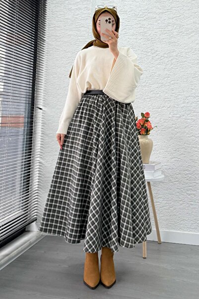 MELEK ARAZ Elastic Waist Midiboy Plaid Pattern Skirt - Green