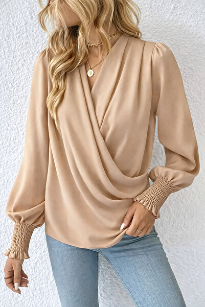 Deafox Beige V-Neck Front Cross Detail Long Sleeve Crepe Fabric Blouse
