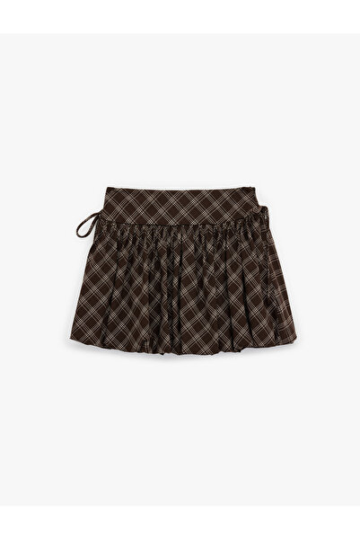 Koton Mini Plaid Balloon Skirt with Side Tie Detail Shorts