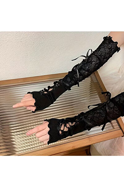 CARAVSTORE Gotik Stil Bağcıklı Uzun Parmaksız Dantel Eldiven