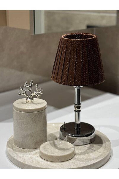 Maison Avf Kahverengi Velvet Glow Kablosuz Pilli Masa Lambası - Alt Uzun Gümüş