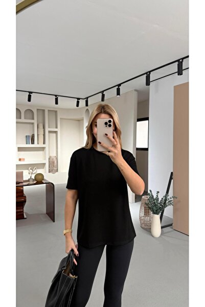 Sezgi Tekin guler rotund Negru supradimensionat Tok Modal basic tricou