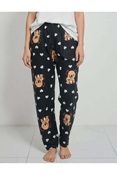 Erdenay Tekstil Silky Textured Suede Pajama Bottoms with Black Koala Pattern