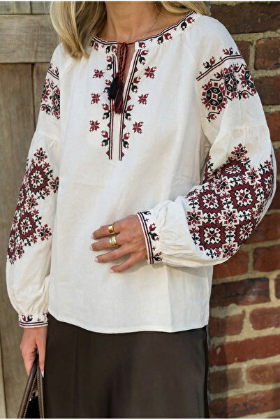 FEMELLE Women's White Collar Tassel Balloon Sleeve Embroidered Cotton Blouse