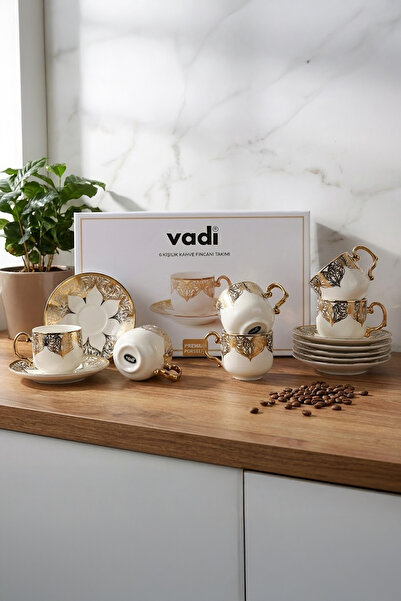 Vadi Gold Detailed Patterned Porcelain Coffee Cup Set for 6 People