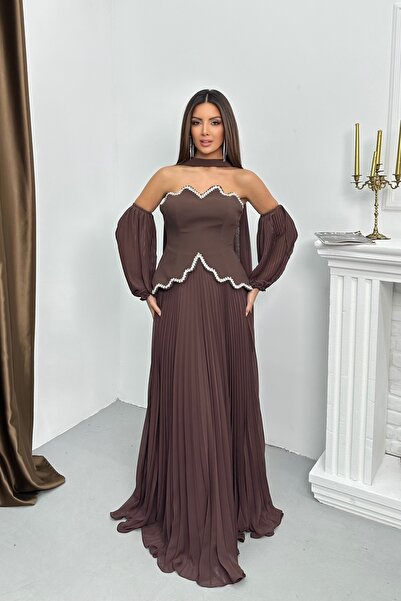 İyem Abiye Pliseli Balon Kol Ve Şallı Taş Detaylı Şık Tasarım Abiye Elbise Da...