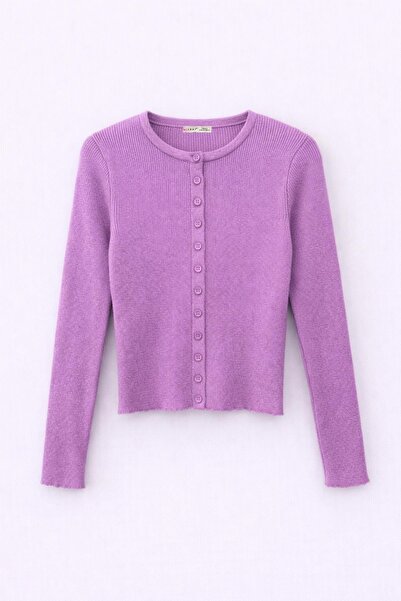 Mixray 6931 Women's Buttoned Corded Fabric Knitwear Cardigan Lilac