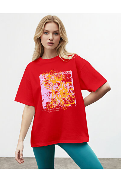 caddekombin Women's Orange Floral Printed Special Design Red T-Shirt