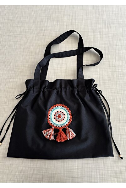 Handream Black Tote Tote Bag with Drawstring/Tassel Tile Mandala Detail