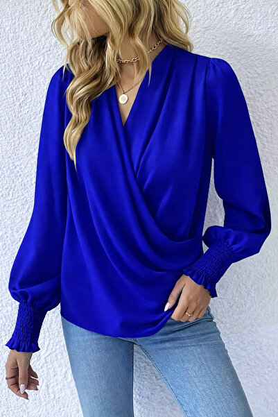 Deafox Cobalt Blue V-Neck Front Cross Detail Long Sleeve Crepe Fabric Blouse