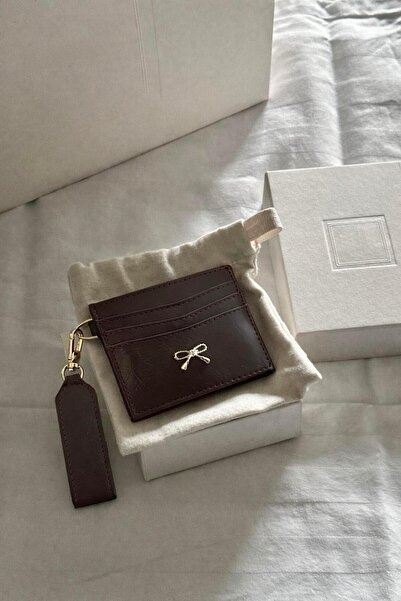 Madamra Brown Women's Shiny Pu Leather Card Holder with Bow Detail and Keychain