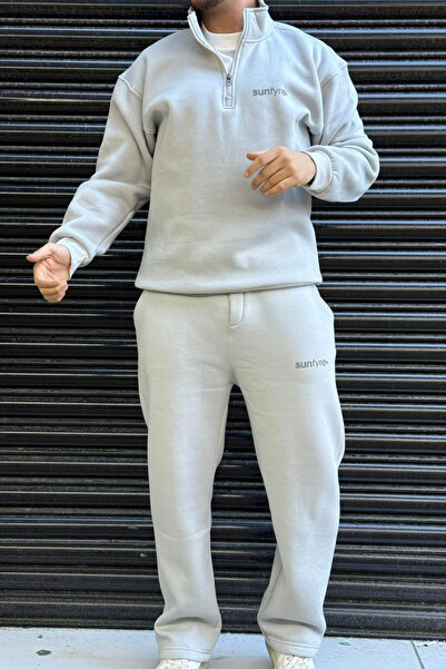 thesunfyre Men's Stand Collar 3 Thread Ribbed Zipper Detail Top and Bottom Set