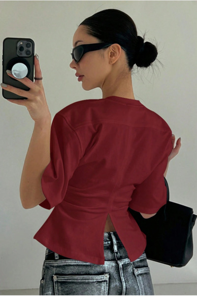 Tarz Cool Γυναικεία μπλούζα/μπλουζάκι με κοντό μανίκι μπορντό εφαρμοστό