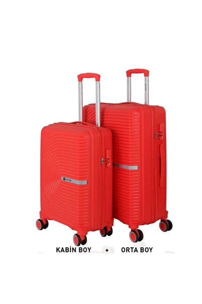 MÇS Bavul Orta ve Kabin 2li Set Kırılmaz Silikon Valiz V374 Kırmızı